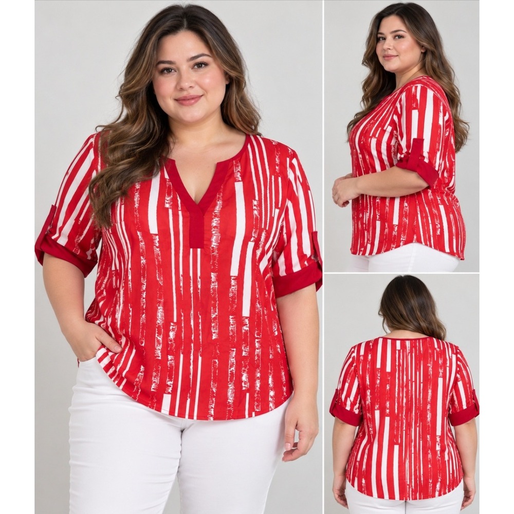 Emery Rose Red White Abstract Vertical Stripe Roll Tab Sleeve V-Neck Blouse L